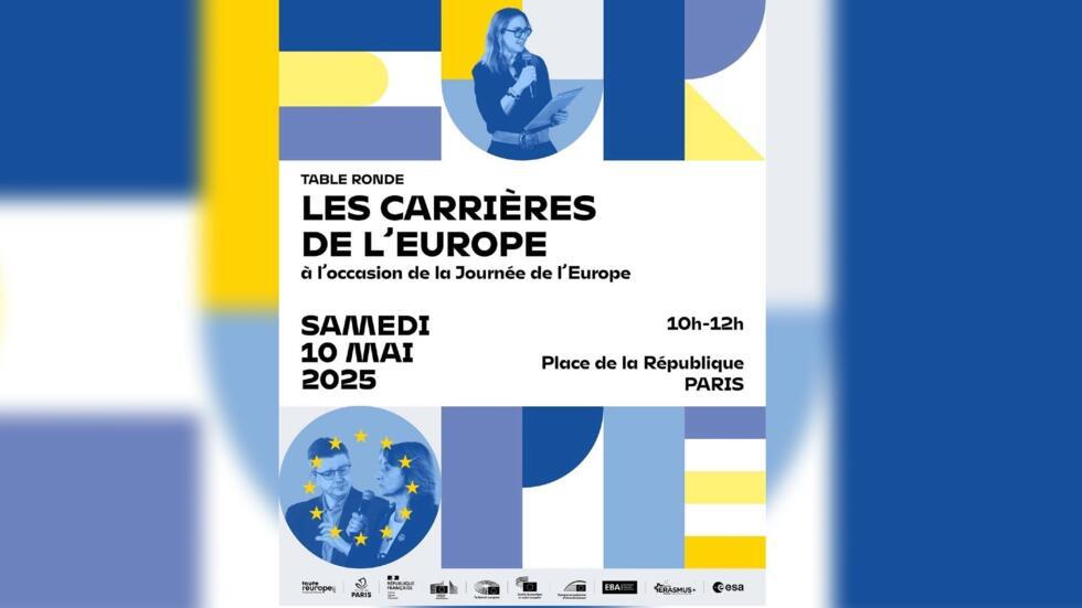 Visuel de la table ronde « les carrières de l'Europe », depuis la journée de l’Europe, place de la République, à Paris le samedi 10 mai 2025.